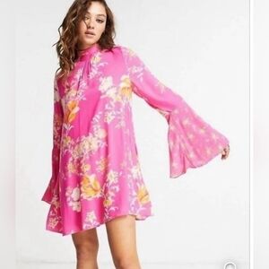 Free People Boho Pink Floral Open Back Bell Sleeve Tunic Mini Dress